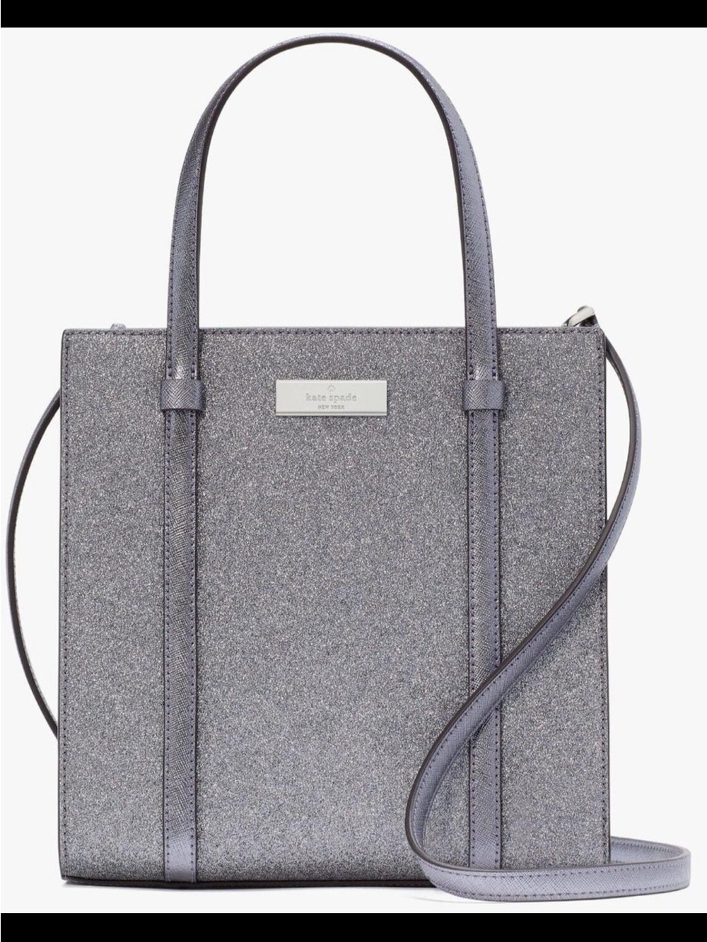 KATE SPADE Lavender Silver Kenzie Glitter Small Tote Candied Flower Crossbody